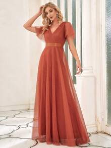 Elegant V-Neck Floor-Length A-Line Tulle Tangerine Bridesmaid Dress, Suitable For Wedding Guests And Formal Occasions - Burnt Orange - View 4