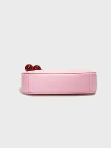 新款时尚经典百搭字母图案装饰纯色防水PU面料单肩包、月牙包、腋下包，适合购物，可斜挎。饰有樱桃吊坠，夏季月牙包，适合海滩度假、返校季，女士钱包。