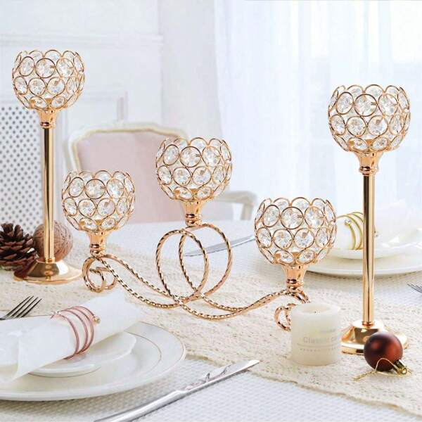 Portavelas de metal dorado/plateado con cristales, elegante centro de mesa para boda, decoración de 3/5 brazos para velas, portavelas votivas para decoración de bodas, restaurantes, sala de estar y chimenea