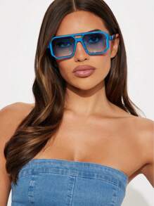 1 件装新款女士蓝色双桥半框方形复古时尚眼镜，适合日常佩戴飞行员形状墨镜