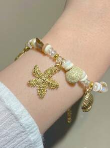 1 Peça Pulseira Feminina com Decoração de Conchas Marinhas, Estrelas-do-mar e Contas, em Estilo Praia de Verão, Elementos Oceânicos da Moda Adequados para Praia, Férias, Festa, Uso em Festivais de Música