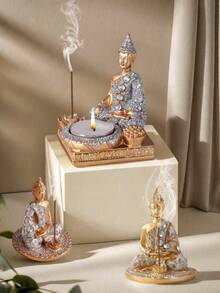 Estatua de Buda pequeña decorativa de escritorio con incrustaciones de ladrillos de resina (no incluye taza de hierro) - Multicolor - Ver 1