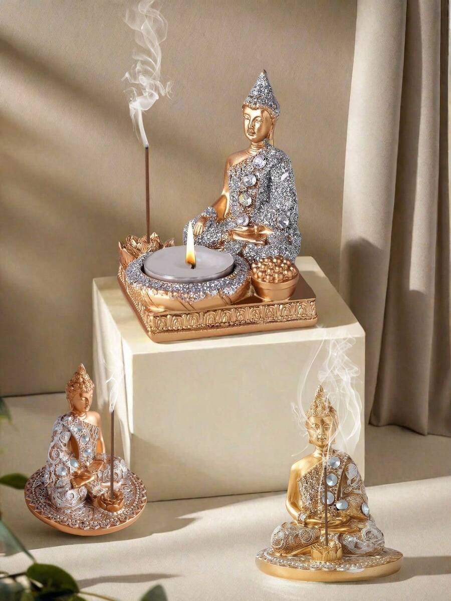 Estatua de Buda pequeña decorativa de escritorio con incrustaciones de ladrillos de resina (no incluye taza de hierro) - Multicolor - Ver 1