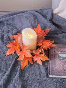 1pc Autumn Artificial Pillar Candles Rings,Fall Fake Leaves Small Wreath,Plastic Maple Leaf Candle Holders For Wedding Party Birthday Indoor Outdoor Garden Door Hanging Decor Halloween Table Centerpiece Back To School Supplies Thanksgiving Christmas Holiday Essentials Gift Home Decor Halloween Decor Room Decor