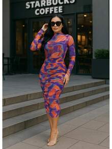 Spill Print Mesh Ruched Midi Dress  Tie Dye  All Over Print  Watercolor    Elegant  Party    Ruched  Split - 紫色/橙色 - 查看 3