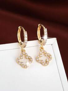 1 Pair Copper Encrusted Luxurious Hoop Earrings, Elegant Floral & Star Cutout Drop Earrings