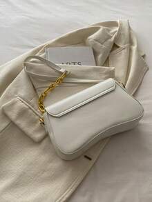 简约纯色单肩翻盖包，经典纹理斜挎包，女士钱包 - 白色 - 查看 6