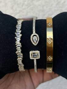 Conjunto de 3 piezas de brazalete de acero inoxidable con encantos de uña y trébol, apropiado para uso diario de mujeres, regalo de Navidad, obsequio de festividades