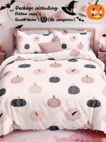 3pcs Hand-Painted Cartoon Pink Autumn Pumpkin Printed Duvet Cover Set (1 Duvet Cover + 2 Pillowcases, No Filler), Everyday Polyester Soft And Skin-Friendly For Bedroom - Multicolor - View 1