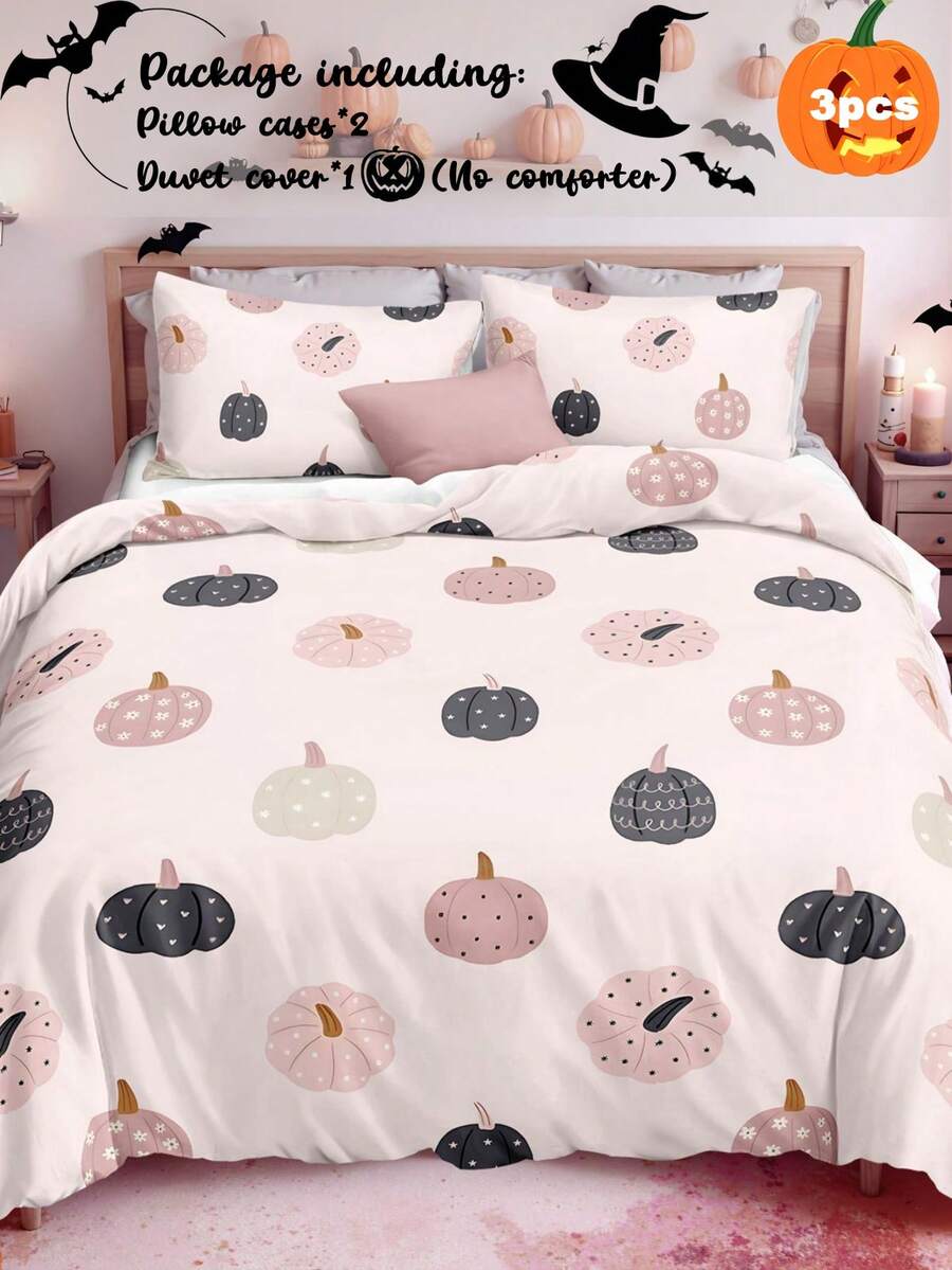 3pcs Hand-Painted Cartoon Pink Autumn Pumpkin Printed Duvet Cover Set (1 Duvet Cover + 2 Pillowcases, No Filler), Everyday Polyester Soft And Skin-Friendly For Bedroom - Multicolor - View 1