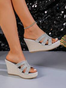 蓝色厚底坡跟凉鞋 黑白波西米亚沙滩拖鞋 镶钻女式坡跟凉鞋 银色女鞋 卡其色女鞋 - 銀色 - 查看 6