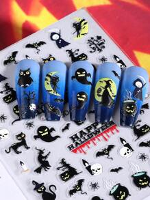 2 PIEZAS Pegatinas de uñas con relieve 5D espeluznantes para Halloween con gato negro, telaraña, murciélago, negro oscuro, decoraciones de uñas autoadhesivas tipo slider góticas Y2K para decoración de manicura en festividad de Halloween