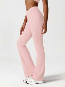 Sodalemon Women Solid Color Cross Waist Casual Outdoor Training Fitness Gym Side Pockets Yoga Sport Flare Pants - Baby Pink - View 4