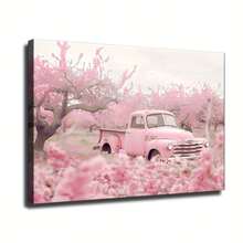 1 Pieza Encantador Póster de Lona de Camión Vintage Rosa y Jardín de Cerezas - Arte de Pared Pastel Suave con Marco de Madera Envuelto, Ideal para Decoración de Sala de Estar - Multicolor - Ver 1