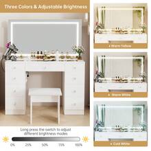 VOWNER 43" Vanity Desk With Large LED Lighted Mirror & Glass Top, 3 Color Lights & Adjustable, Come With Stool, Power Outlet, 9 Drawers For Storage, Bedroom Vanity Set For Girls Women, Halloween & Thanksgiving - 查看 7