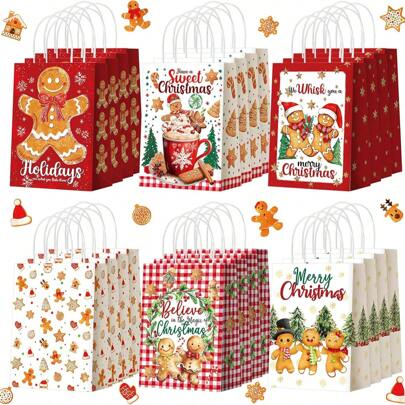 24 unidades/12 unidades/6 unidades Sacolas de presente de festa de gengibre de Natal - Sacolas de papel para guloseimas de Natal com alças, para decoração de festa de Natal e artigos para festas, festa de aniversário, casamento, presentes de Natal, decorações de Natal, festa de aniversário, presentes de Ano Novo, cores e estilos aleatórios, decorações de Natal, pijamas de Natal, presentes de Natal, decoração de Natal