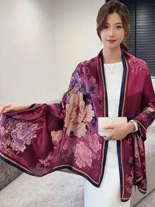 1 件中国风花卉印花真丝围巾，高品质优雅缎面牡丹图案长披肩，适合旅行和户外穿着 - 查看 4