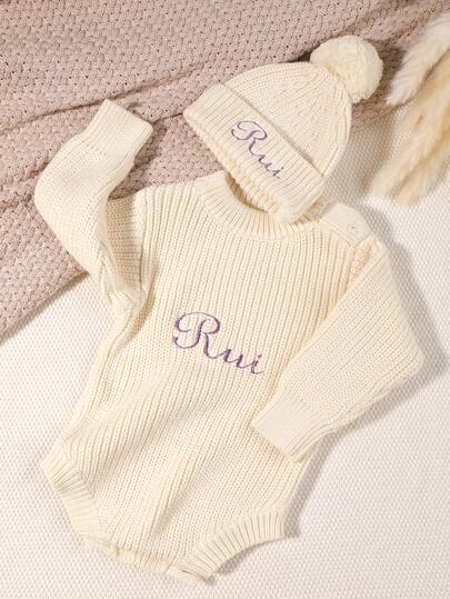 1 st tjock vit och rosa broderad namnstickad långärmad tröja och pompomdekoration, mössa, nyfödd present till flickor och pojkar, höst/vinter