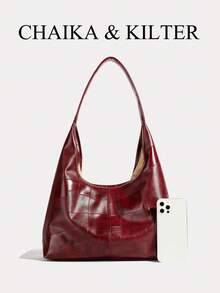 1 件 CHAIKA & KILTER 纯色 PU 皮革磁扣开合女士手提包，Hobo 女士纯素皮革顶部手柄单肩钱包和手提包，适合旅行、购物、约会、女士礼物、工作、商务、通勤 - 酒紅色 - 查看 3