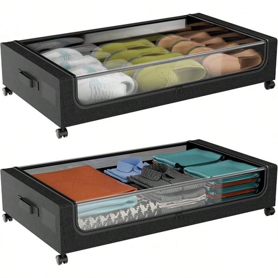 Organizador de Almacenamiento para Cama, 2pcs Contenedores de Almacenamiento Debajo de La Cama con Ruedas, Zapatera Bajo Cama para Ropa, Mantas, Juguetes, Zapatos y Libros - Negro1 - Ver 1