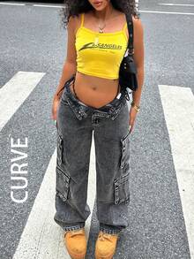 Calça jeans cargo feminina plus size estilo streetwear Y2K com vários bolsos e perna reta, com bolsos de aba. - Cinza - Ver 6