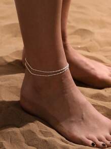 1pc Minimalist Chic Design Double Layer Silver Chain Anklet, Versatile For Beach, Vacation, Daily, Any Occasion, Women Gift