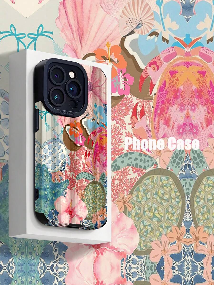 1pc Soft Silicone Phone Case With Light Blue & Pink Ocean Creature Puzzle Pattern, Vertical Stripes Faux Leather Texture, Anti-Drop, Compatible With Apple And 16/16 Plus/16 Pro/16 Pro Max - Multicolor - View 1