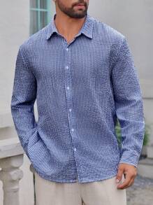 Men's Casual Striped Textured Fabric Shirt, Soft, Comfortable, Suitable For Both Casual And Office Wear, Simple And Elegant Style