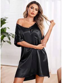Women Satin Nightgowns Short Sleeve Silk Sleepwear Boyfriend Casual Dresses With Chest Pocket S-XXL - 黑色 - 查看 4