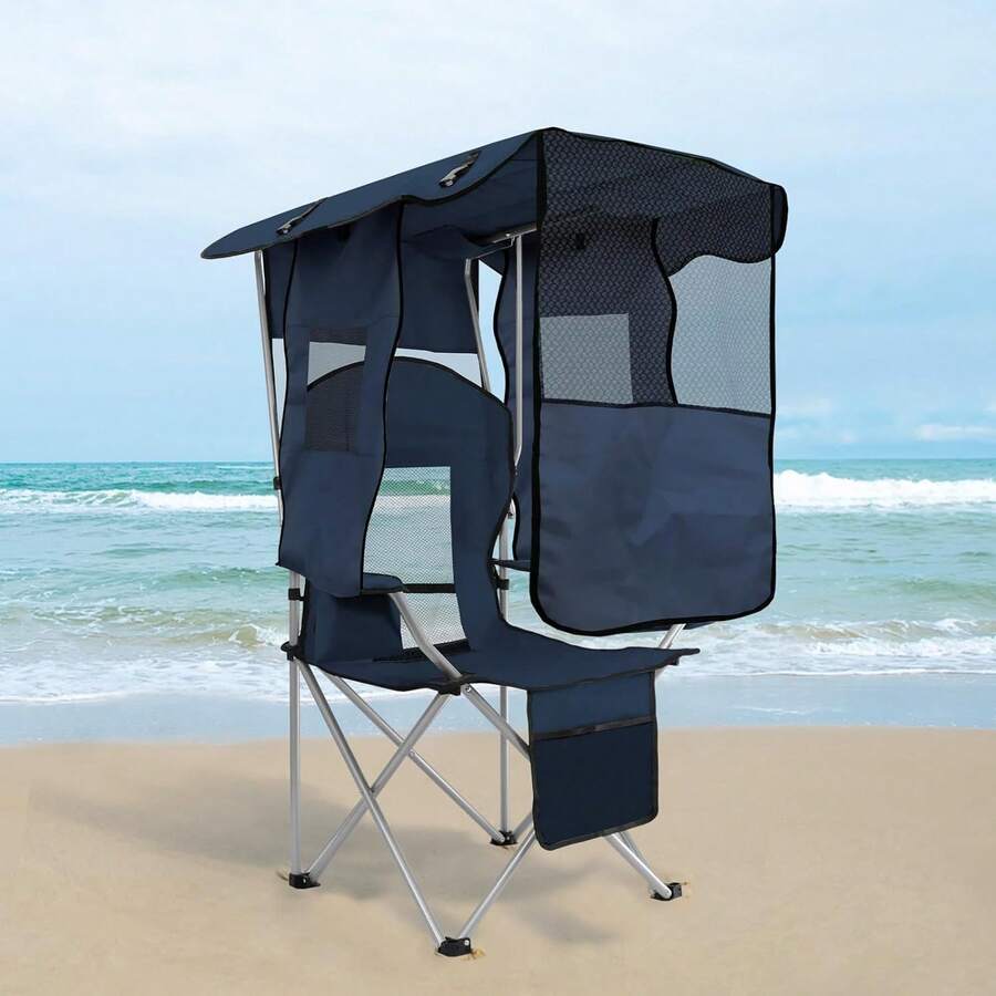 TANWEERDDWJKInc Ptlsy Camping Chair With Adjustable Shade Canopy, Portable Folding Chair For Adults, Heavy Duty Outdoor Sports, Beach, Camping, Fishing - Phone & Cup Holder, Cooler Bag, Supports 330LBS - 海軍 - 查看 1