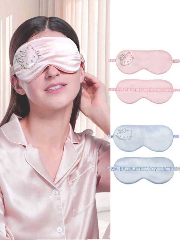 Sanrio Masque pour les yeux en soie de mûrier imprimé de motifs mignons de dessins animés, avec design de chat strass. Respirant et idéal pour le sommeil. Indispensable pour les voyages, la sieste au bureau ou la rentrée scolaire