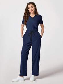 Women V-Neck Color Block Stripe Multi-Pocket Drawstring Scrubs Nurse Scrub Uniform Set, Workwear For Dentist, Healthcare, Pet Hospital, Laboratory - Navy Blue - View 3