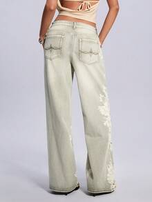 ROMWE 女士宽松版型做旧毛边口袋牛仔低腰牛仔裤