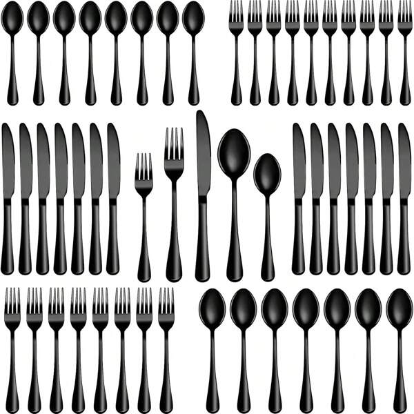 Juego de cubertería de 30 piezas de acero inoxidable negro PVD, servicio para 6 personas, cubiertos negros brillantes y duraderos para el hogar y la cocina, incluye cuchillo, cuchara y tenedor