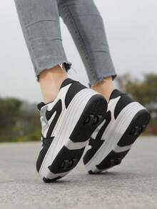 Women's Roller Skates With Contrast Color Splicing, Convertible Couple Inline Skates, Detachable & Retractable, Suitable For Teenagers And Adults, 4-Wheel PU Leather Roller Shoes - Black and White - View 6