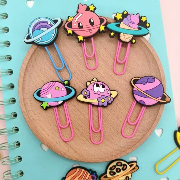 5pcs/10pcs/20pcs Cute Cartoon Planet Shaped Binder Clips, PVC Bookmarks, Office Supplies Binder Clips For School, Books, Documents, Back-To-School, Graduation Season