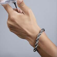 1 件 Hiphop 1:1 NK Chain 不锈钢手链，时尚设计，奢华简约风格，适合女性参加派对、休闲场合 - 銀色 - 查看 5