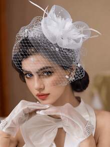1 Stück vintage Braut Fascinateur Hut mit Schleier, elegant für Pferderennen, Karneval, Partys, natürliche Federn, ganzjährig