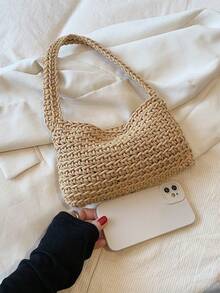 Women's Khaki Foldable Shoulder Tote Bag, Crochet Knit Handbag, Fashionable & Casual Vacation Purse - Khaki - View 1