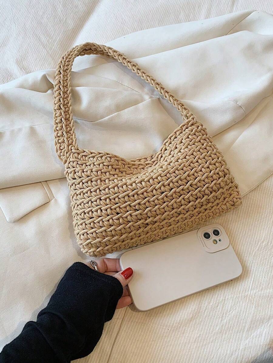 Women's Khaki Foldable Shoulder Tote Bag, Crochet Knit Handbag, Fashionable & Casual Vacation Purse - Khaki - View 1