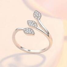Nhẫn lá mạ bạc Sterling 925 có lỗ mở bằng đá Zirconia có thể điều chỉnh dành cho nữ Phụ kiện đơn giản và đa năng, Quà tặng hoàn hảo cho năm mới/Ngày lễ tình nhân/Quà cưới/Lễ hội âm nhạc - Bạc - Xem 3
