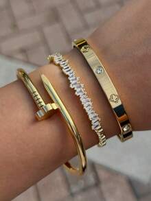 3Pcs/Set Stainless Steel Nail & Four-Leaf Clover Bracelet Combo, Suitable For Women Everyday Wear, Christmas Gift, Holiday Present - SGS231 - View 3