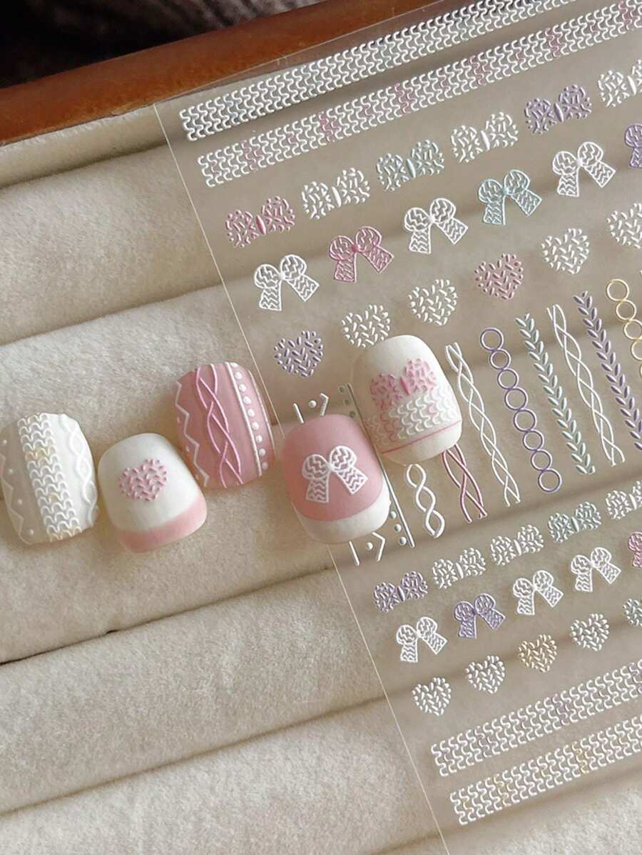 1 Sheet 3D Embossed Bowknot, Heart & Plaid Pattern Nail Art Stickers With Adhesive