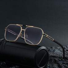 1pc New Stylish Retro Square Frame Fashion Glasses For Men, Casual Vintage Chic Elegant Party Street Wear, Wood Grain Temples High-End UV Protection Driving Fashion Glasses
