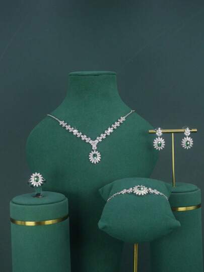 5pcs Gold-Plated Women's Jewelry Set - Leaf Shaped Design, Includes Necklace, Earrings, Bracelet, Ring, Suitable For Nigerian, Saudi Arabian, Dubai Brides Wedding & Formal Occasions, Daily Wear