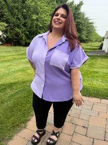 Enliva 女式大码拼色短袖简约日常衬衫，夏季 - 紫色 - 查看 4