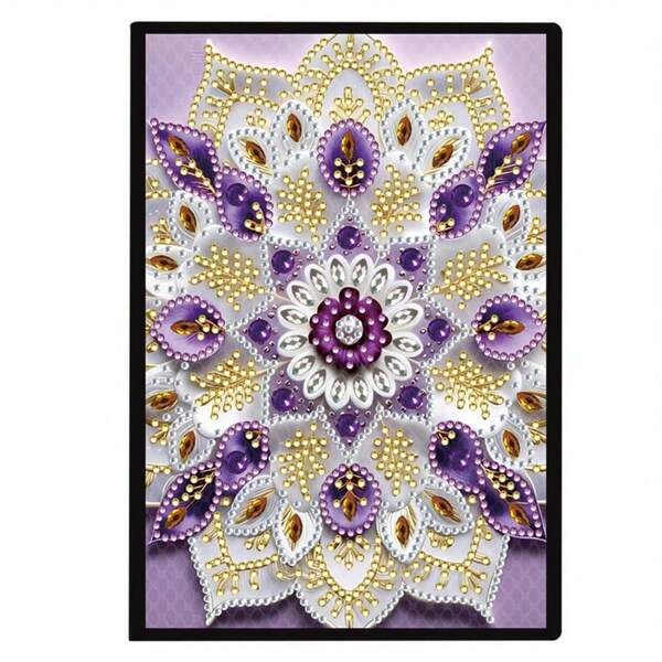 1pc 5D Diamond Art DIY Special Shape Diamond Painting Notebook, Purple Mandala Flower Pattern Faux Leather Cover Sketchbook Diamond Art Kit, Mosaic A5 Diary Notebook Sketchpad Art Book, Unique Handmade Gift Set For Christmas, Halloween, Holiday Diamond Painting Kit