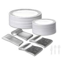 Disposable Wedding Dinnerware Set 303Pc/50 Guest Silver Premium | 50 Dinner Plates, 50 Dessert Plates, 100 Forks, 50 Spoons, 50 - Multicolor - View 1