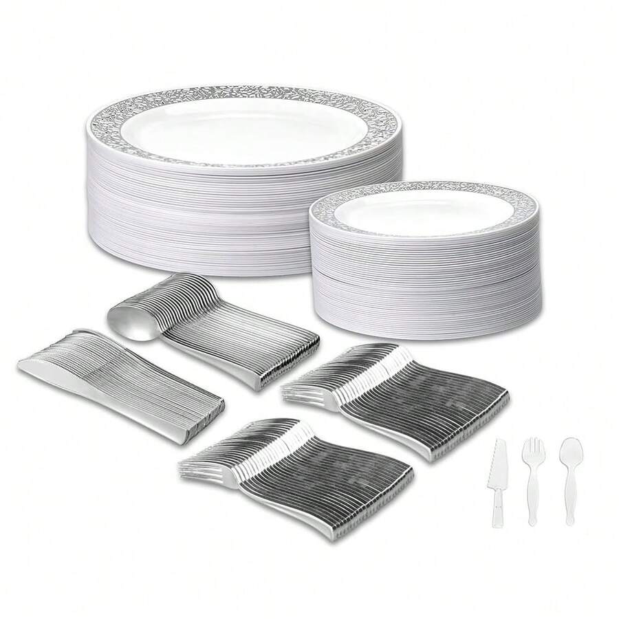 Disposable Wedding Dinnerware Set 303Pc/50 Guest Silver Premium | 50 Dinner Plates, 50 Dessert Plates, 100 Forks, 50 Spoons, 50 - Multicolor - View 1
