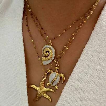 1 Peça Colar Feminino, Colar Chique e de Luxo de Aço Inoxidável com Pingente de Esmalte, Encantos de Tartaruga do Mar, Estrela do Mar e Concha do Mar, Banhado a Ouro 18K, Moda e Versátil, Presente de Feriado